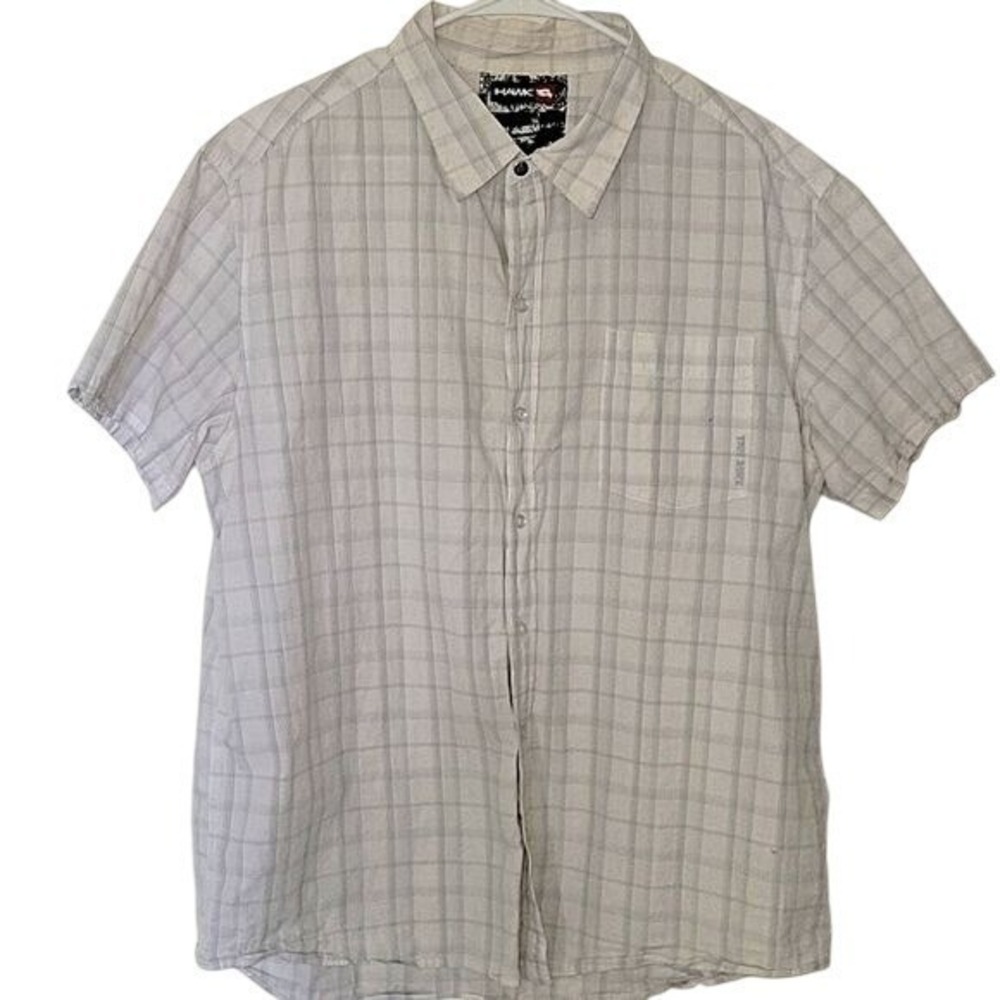 Tony Hawk Mens XL Short Sleeve Button Down Shirt Plaid White Grey Cotton Casual